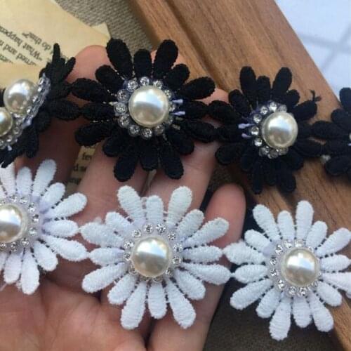 5y Black White Milk Silk Water Soluble Flower Rhinestone Pearl Beaded Lace Trim Applique Sewing Clothing Dress Belt Accessories
