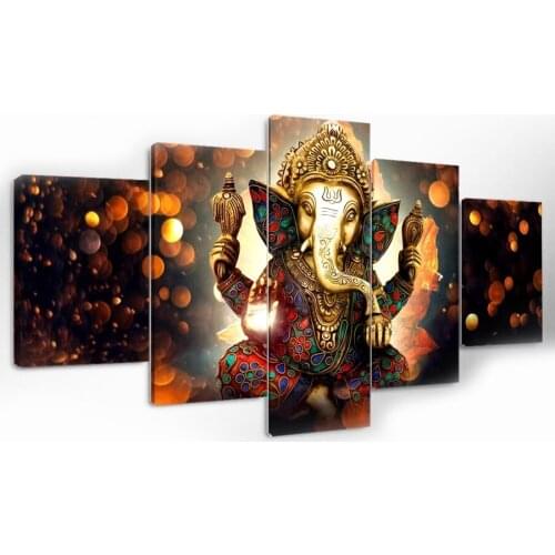 5 Panel Lord Ganesha Paintings Framed Canvas Print Elephant God Wall Art Modular Picture for Living Room Home Decoration