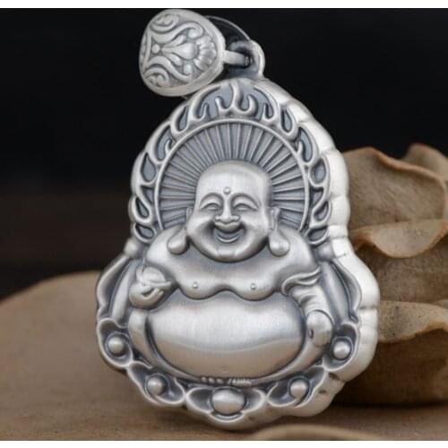 925 Sterling Silver Vintage Smiley Buddha Pendant S925 Retro Buddhism Maitreya Pendants Luxury Fine Jewelry Gift For Man
