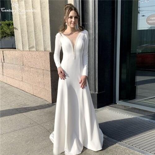 Elegant Wedding Dresses for Women 2021 Beaded Sheer O-Neck Long Sleeve Crepe Simple Bridal Gowns Bride Dress Robe De Mariee