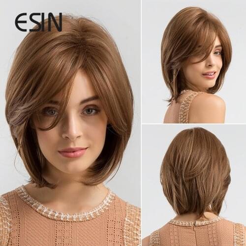 ESIN Medium Brown Straight Wigs for Women Synthetic Hair Wigs With Bangs Heat Resistant Party Daily Natural