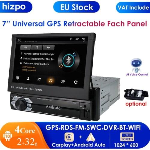 HIZPO Single 1 Din 7" Android 9 GPS Flip Car Stereo Radio Player Touch USB SD OBD2 RDS DVR SWC DTV Mirror Link Bluetooth AM FM
