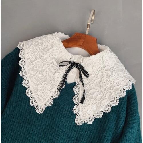 Fake False Collar Womens blouse Big Embroidery Lace Detachable Collar Black female Tie Lapel Ladies decor fake