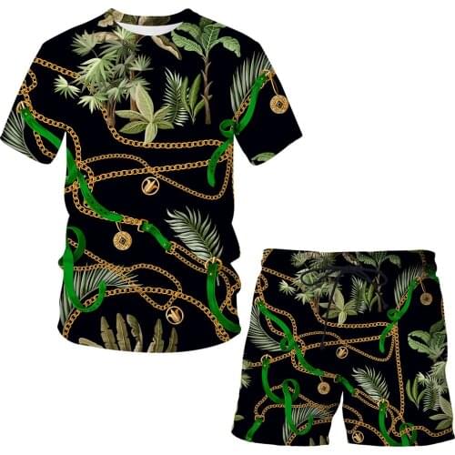 New Fashion Green leaf gold chain Short Sleeve T-Shirt Suits Man / Woman Top+Shorts 2pcs Sets Sport Suit Casual short homme