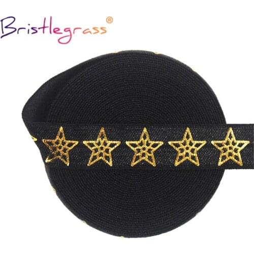 BRISTLEGRASS 50 100 Yard by Roll 5/8" 15mm Gold Star Foil Print Fold Over Elastic FOE Spandex Band Tape Hair Tie DIY Sewing Trim