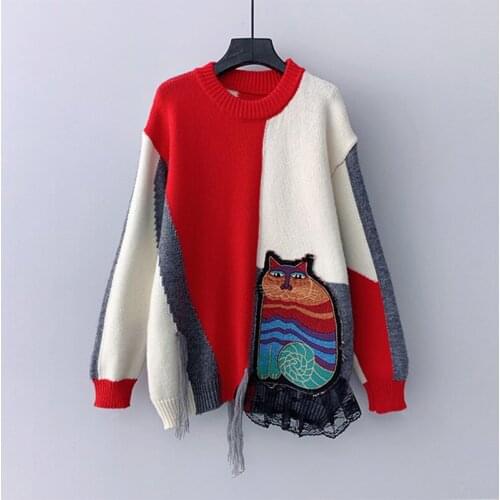 Fashion Design Street Wear Patchwork Women Sweater And Pullovers Winter New O-Neck Loose Casual All Match Female Pulls Tops