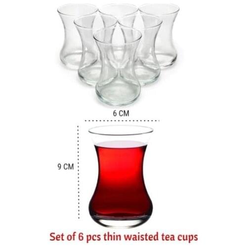 Set of 6 thin waist turkish tea cups high quality glasses-5 o'clock presentation serving - for six person - each glass 135 cc