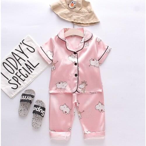 DIIMUU Summer Childrens Pajamas Sets Kids Clothes Baby Girls Ice Silk Satin Tops Pants Set Short Sleeve Girl Sleepwear Suits