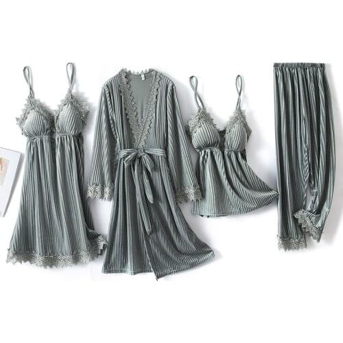 New 4 Pieces Pajamas Women Velvet Pajamas Sets Pyjamas Set Sleepwear Pijama Pajamas Suit Female Sleep Two Piece Set Loungewear