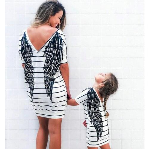 Mommy And Me Baby Girls Clothes Mother Daughter Short Sleeve Striped Dress 2021 Summer Family Matching Outfits Wings Dresses