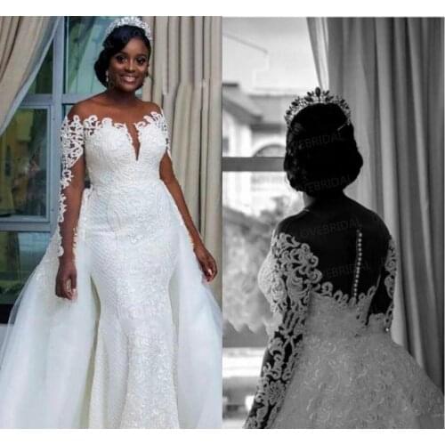 Plus Size Wedding Dresses Jewel Neck Lace Appliques Sweep Train Detachable Skirt Mermaid Wedding Dress Long Sleeve Bridal Gowns