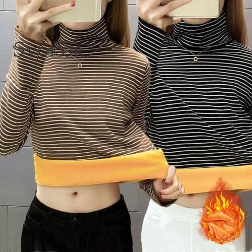 SVOKOR Womens Winter Warm Top Sexy Slim Velvet Thickened T-Shirt High Neck Bottomed Shirt Top Stripe Inside Womens T-Shirt