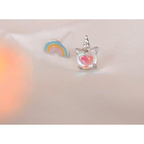 S925 Sterling Silver Rainbow Unicorn Heart Earrings Women Asymmetric Moonstone Stud Earrings Girl Heart