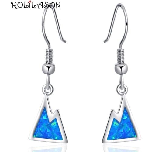 ROLILASON Geometric design for women anniversary party Blue fire opal 925 silver drop earring fashion jewelry OE683