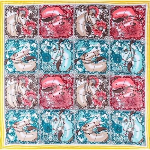 Silk Scarf Women Horse Head Print Stoles Square Scarves Wraps Large Bandana NecKerchief Lady Hijabs Female Silk Foulards 130CM