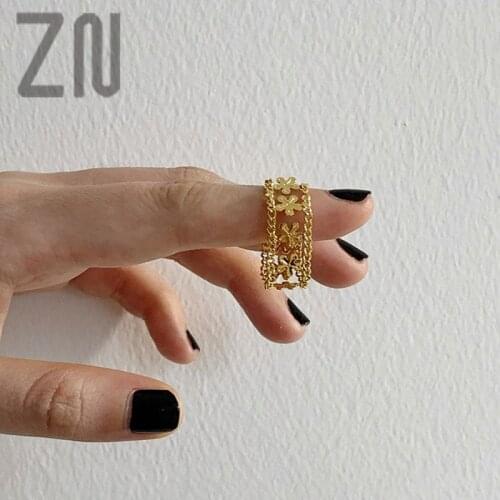 ZN Korean Style Fashion Simple Jewelry Romantic Gifts Vintage Hollow out Metal Flower Gold Plated Personality Rings for Womens
