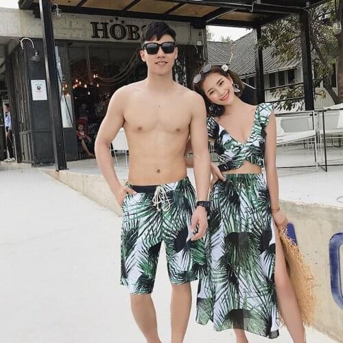2021 Summer Couple Swimsuit Sexy V Neck High Slit Dress Swimming Suit for Women Beach Wear 3 Piece Bikini Set Men Beach Pants