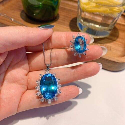 QTT High Jewelry Blue Gemstone Wedding Jewelry Set 925 Sterling Silver Engagement Ring Pendant Necklace Jewelry Set Party Gift