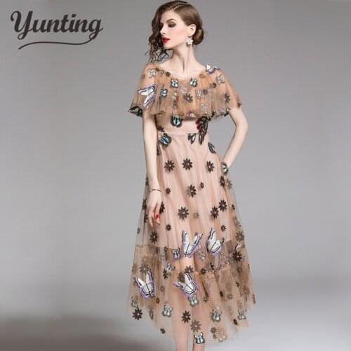 Summer Mesh Evening Party Dresses Womens Fashion Embroidery Slim Sexy Vestidos European Casual Party Maxi Long Dress