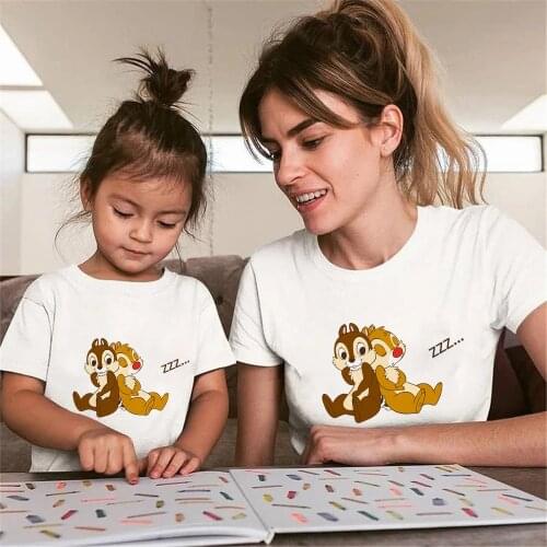 Fashion Family Look Mother and Daughter Family Matching Clothes Cartoon Chip And Dale Disney T-shirt Tops For Mommy Kids
