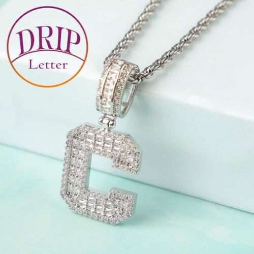 Soild Single Letter Big Zircon Baguette Pendant With Rope Chain For Mens Hip Hop Gold Plated Necklace Jewelry