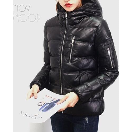 Novmoop high street black hooded zipper down coat winter sheepskin genuine leather jacket manteau femme kurtka damska LT2834