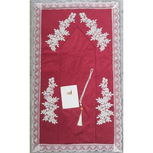 GREAT GIFT Claret Red French Lace Velvet Prayer Rug Dowry Bundle Set 3 Pcs MUSLIM PRAYER COVER EASY TO USE FREE SHİPPİNG