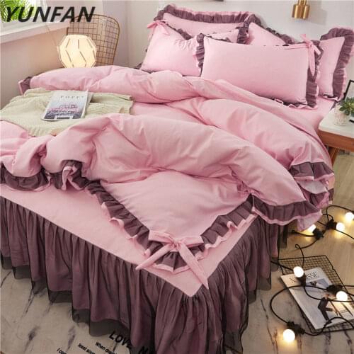 Pink lace Bedding Set twin Full Queen King Bedspread princess Duvet Cover set Pillowcase girls lace bed skirt luxury bedclothes