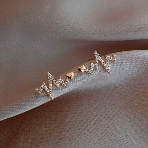 Simple Creative Rhinestones Love Electrocardiogram Stud Earrings Personality Fashion Women Girl Korean Jewelry Accessories
