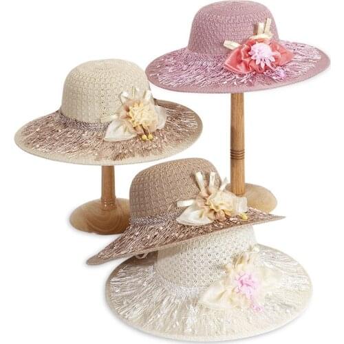 Women Summer Travel Wide Brim Sunscreen Foldable Straw Sun Hat Imitation Raffia Tassel Flower Breathable Refreshing Cap R59