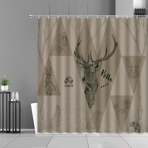 Nordic Vintage Hand Drawn Elk Shower Curtains Hooks 3D Bathroom Curtain Home Decor Background Hanging Cloth Bathroom Accessories