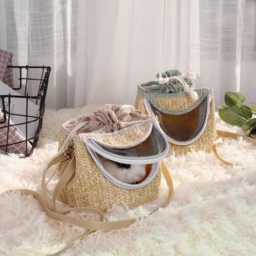 Small Pet Carrier Bag Hamster Carrier Bag with Long Detachable Shoulder Strap, Light Coffee Color Straw Mesh Breathable Portable