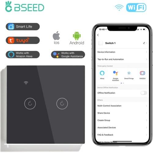 BSEED Wifi 1/2/3Gang Smart Switch Light Touch Switch Wireless Wifi Switch Red Backlight Support Tuya Google Alexa Smart Life