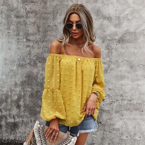Spring and Autumn Womens Various Solid Color One-word Neck Sexy Off-shoulder Pullover Tops Fashion Casual Loose T-shirts