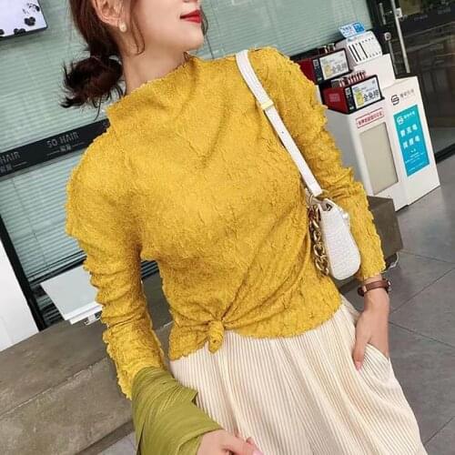 Miyake Pleats 2021 Temperament Small Turtleneck Fashion Embroidery Age - Reducing Western-Style All-Match Pure Color Small Shirt