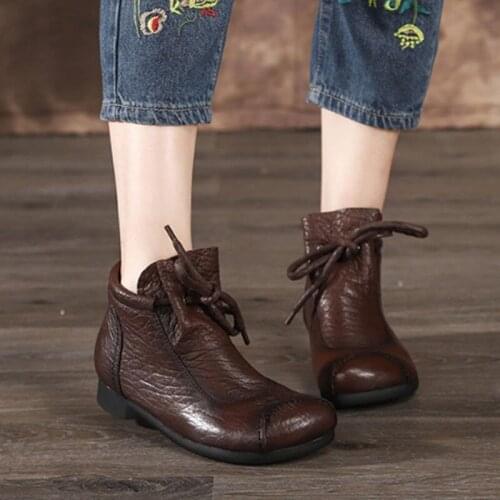 Women 2020 autumn winter warm fashion genuine leather handmade low heel vintage shoes short boots motorcycle botas35-43
