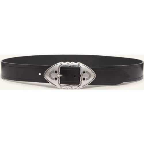 Autumn Winter 2020 Black Cowhide Leather Belt Silver Plated Metal Buckle Fashion Ladies Belt Women Waist Belt