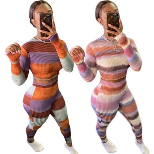 Stripe Print Knit Long Sleeve Crop Tshirts Top & Bodycon Trousers Women Two Piece Outfits Winter Sexy Casual Office Lady Suits