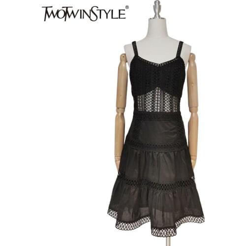 TWOTWINSTYLE Sexy Hollow Out Sling Dress For Women Square Collar Sleeveless High Waist Summer Dresses Female Fashion New Clothes