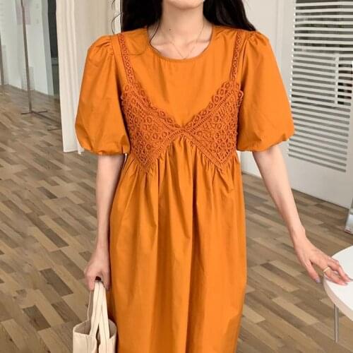 Han chic gentle round neck lace crochet stitching fake two-piece pleated high waist bubble sleeve Platycodon skirt dress