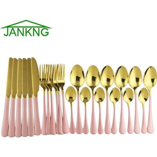 24Pcs Pink Gold Dinnerware Mirror Cutlery Set Kitchen Knife Spoon Fork Dinner Set 304 Stainless Steel Dinnerware Silverware