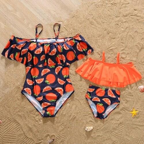Little Girl Bikini Swimwear And Swimming Trunks Orange Print Bikini Bathing Suits 2021 Holiday Beach Boy Swimsuit Girls Swimsuit