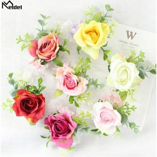 Meldel Wrist Corsage Flower Wedding Boutonniere Girl Bracelet Men Brooch Pins Artificial Flower Red Silk Rose Groom Boutonniere