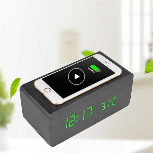 LED Wooden Alarm Clock Wireless Charger Digital Sound Control Temperature Date Display Clock Creative Living Room Decoration