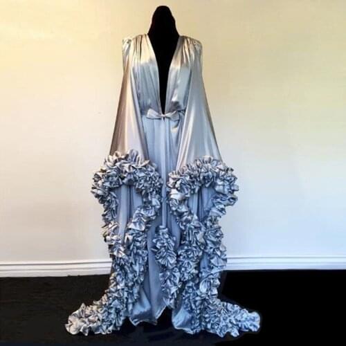Elegant Long Silk Satin Silver Evening Robe V Neck Bridal Robe Wedding Scarf Long Evening Robe Nightgown Bathrobe Sleepwear