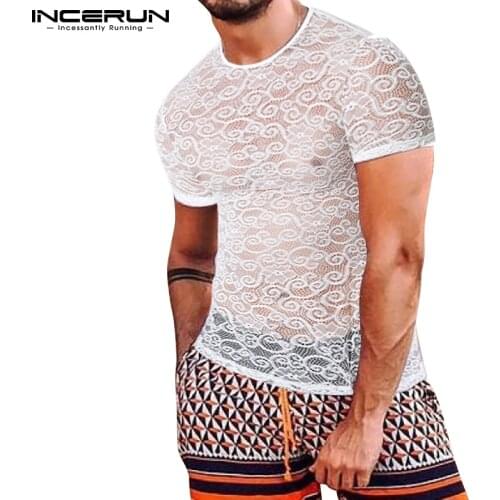 INCERUN 2021 Men T Shirt Mesh See Through Round Neck Streetwear Short Sleeve Sexy Party Nightclub Tee Tops Skinny Men Clothing