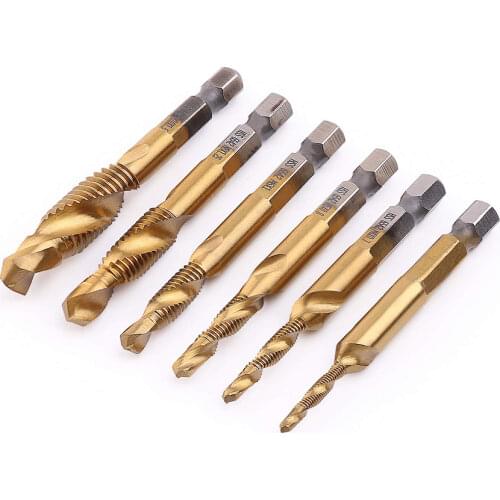 GanWei M3-M10 6 Pack HSS Hex Shank Titanium Combination Drill Tap Bits Set Metric Drill and Tap Set Screw Tapping bit Tool