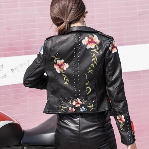Spring Autumn Floral Print Embroidery Faux PU Leather Jacket Women High Street Motorcycle Black Outerwear Biker Jacket Y509