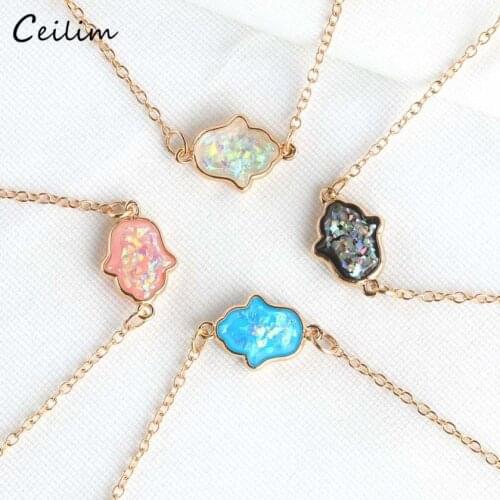 Trendy Blue Opal Hamsa Necklace for Women Jewelry Gifts 2021 New Gold Chain Fatima Hand Pendant Choker Necklace Collier Femme