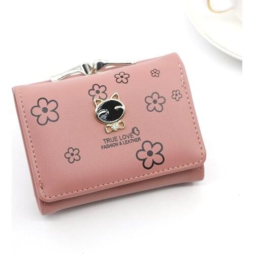 Fashion Floral Pattern Wallet for Women Popular Printing Cat Design Short Three Folded Coin Bags Lady Daily Shopper Purse B441